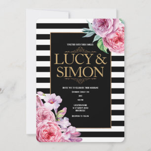 Pink Roses and Stripes Wedding Invitation
