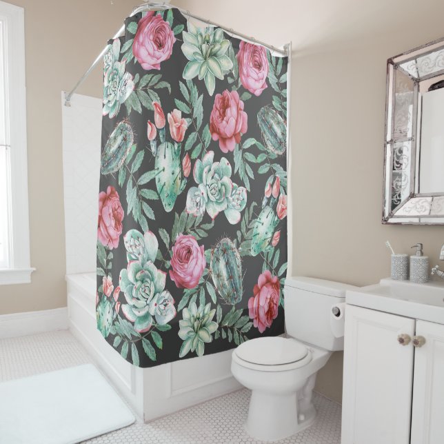 Pink Roses and Succulent Cactus Pattern on Black (In Situ)