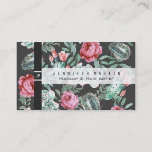 Pink Roses and Succulent Cactus Pattern on Black Business Card