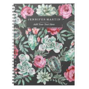 Pink Roses and Succulent Cactus Pattern on Black Notebook