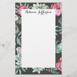Pink Roses and Succulent Cactus Pattern on Black Stationery