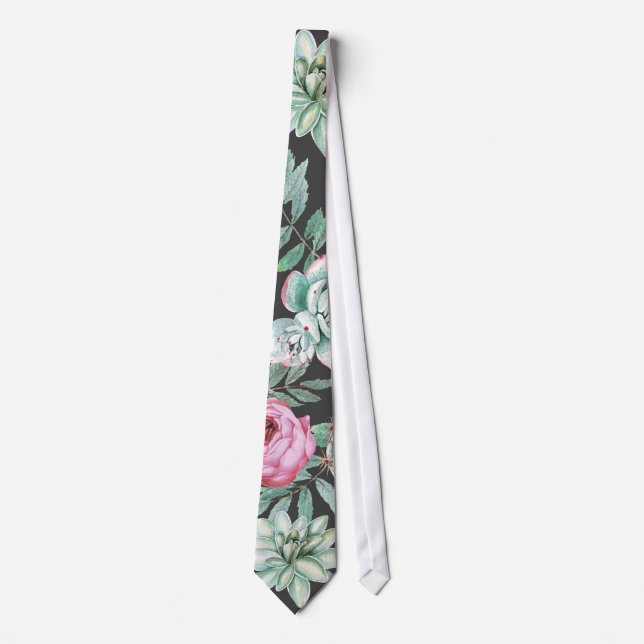 Pink Roses and Succulent Cactus Pattern on Black Tie (Front)