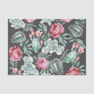 Pink Roses and Succulent Cactus Pattern on Black Tissue Paper
