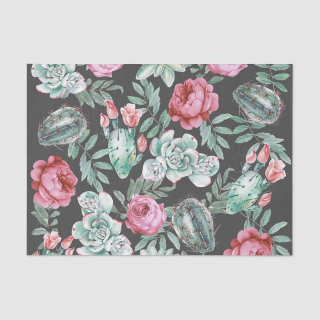 Pink Roses and Succulent Cactus Pattern on Black Tissue Paper (Front)