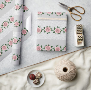 Pink Roses And Wedding Lace  Wrapping Paper