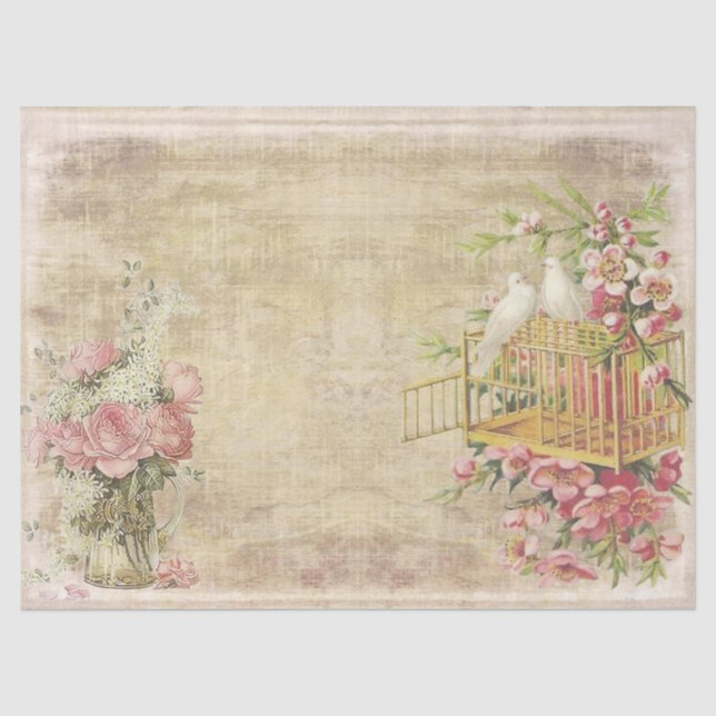 Pink Roses and White Doves on Tan Distressed Tissue Paper (Front)