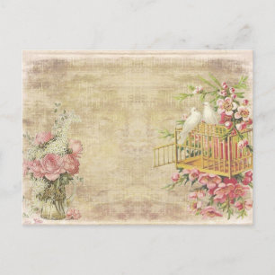 Pink Roses and White Doves on Tan Vintage Style Postcard
