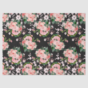 Pink Roses and White Flowers on Black Decoupage Tissue Paper