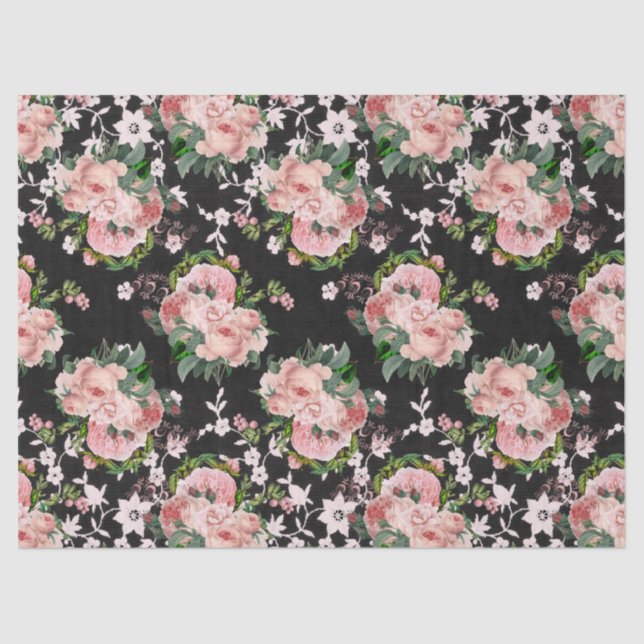 Pink Roses and White Flowers on Black Decoupage Tissue Paper (Front)