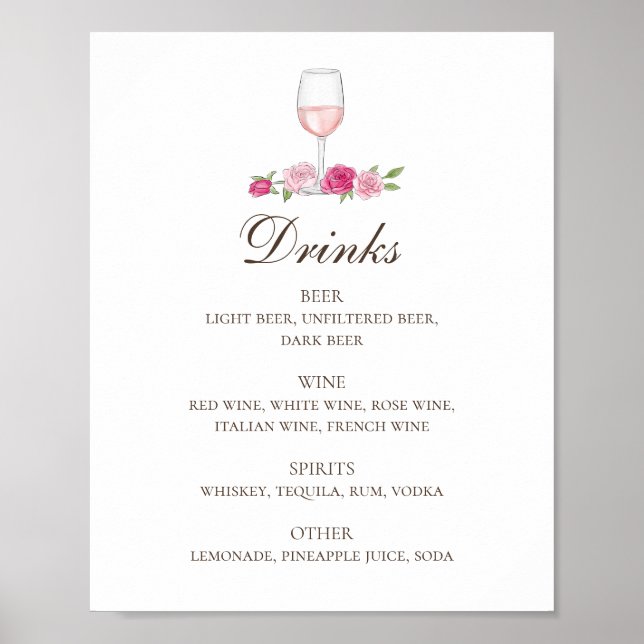 Pink roses and wine. Floral wedding drinks bar Poster (Front)