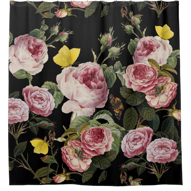 PINK ROSES AND YELLOW BUTTERFLIES Black Floral (Front)