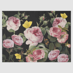 PINK ROSES AND YELLOW BUTTERFLIES Black Floral Tissue Paper