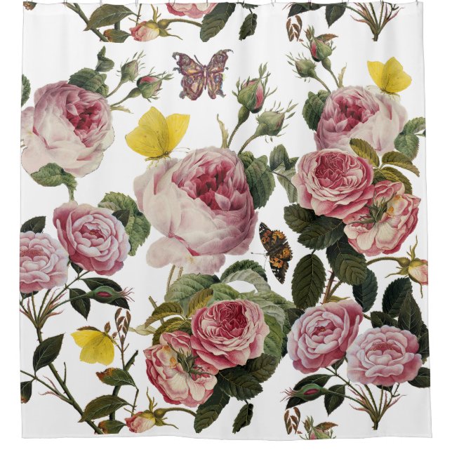 PINK ROSES AND YELLOW BUTTERFLIES White Floral (Front)
