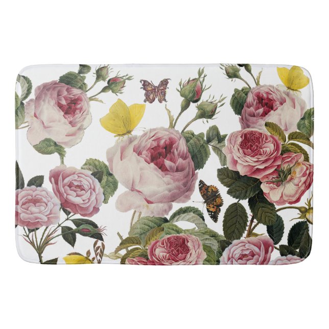 PINK ROSES AND YELLOW BUTTERFLIES White Floral Bath Mat (Front)