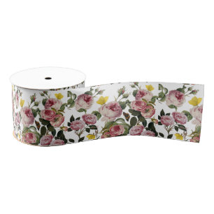 PINK ROSES AND YELLOW BUTTERFLIES White Floral Grosgrain Ribbon