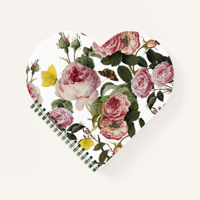 PINK ROSES AND YELLOW BUTTERFLIES White Floral Notebook (Front)