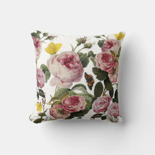 PINK ROSES AND YELLOW BUTTERFLIES White Floral Throw Pillow