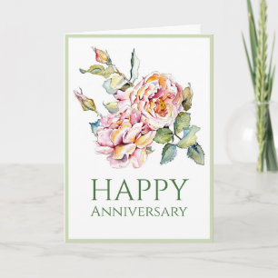 Pink Roses Anniversary, Watercolor, 5x7 Card