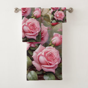 Pink Roses Antique Style Floral Painting Bath Towel Set
