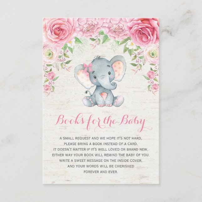 Pink Roses Baby Elephant Bring a Book Insert Card (Front)