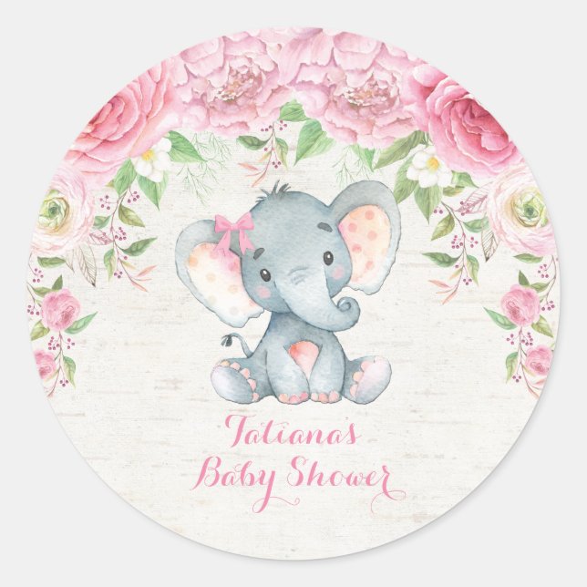 Pink Roses Baby Elephant Thank You Sticker Favours (Front)