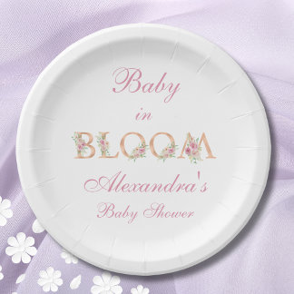 Pink Roses Baby in Bloom Baby Shower Paper Plate