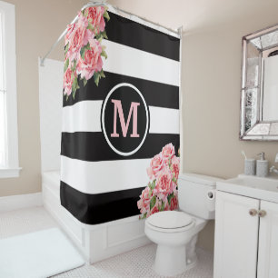 Pink Roses Black and White Striped Monogram