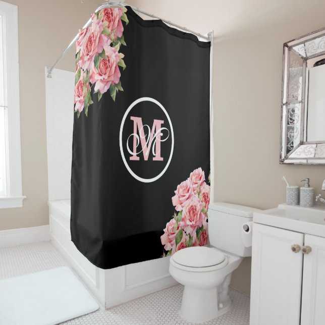 Pink Roses Black and White Striped Monogram (In Situ)