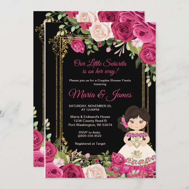 Pink Roses & Black Background Couples shower   Invitation (Front/Back)