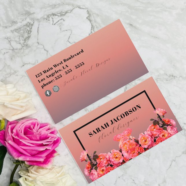 Pink Roses Black Rectangle Frame Floral Designer Business Card (Creator Uploaded)