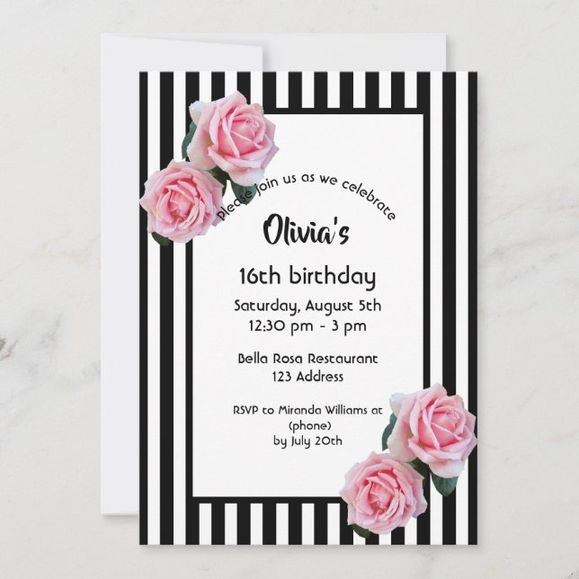 Pink roses black white stripes Sweet 16 Invitation (Front)