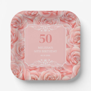 Pink Roses Blossom Floral 50 Birthday  Paper Plate