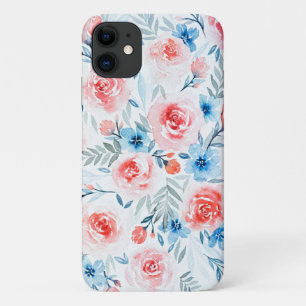 Pink Roses Blue Flowers Watercolor Floral Pattern iPhone 11 Case