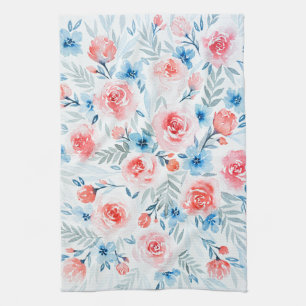 Pink Roses Blue Flowers Watercolor Floral Pattern Kitchen Towel