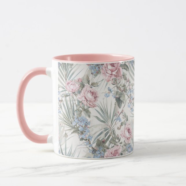 Pink Roses & Blue Forget-Me-Nots Floral Pattern Mug (Left)