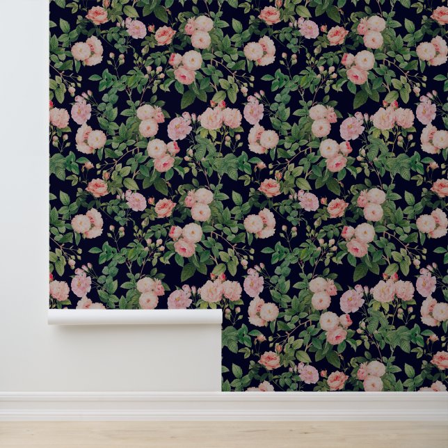 Pink Roses Blue Vintage Botanical Garden Wallpaper (Application)