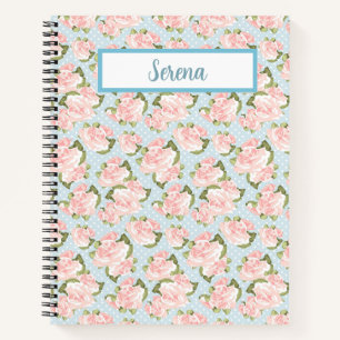 Pink Roses - Blue & White Polkadots Notebook