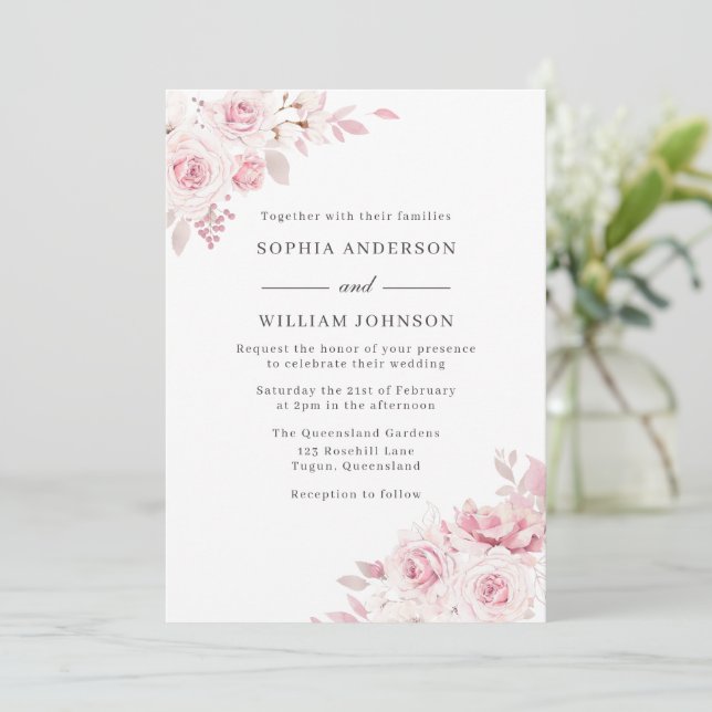 Pink Roses Blush Floral Watercolor Wedding Invitation (Standing Front)
