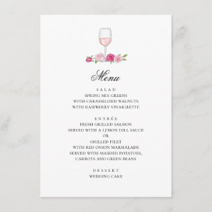 Pink roses. Blush flowers and wine. Floral wedding Menu