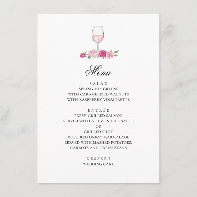 Pink roses. Blush flowers and wine. Floral wedding Menu (Front)