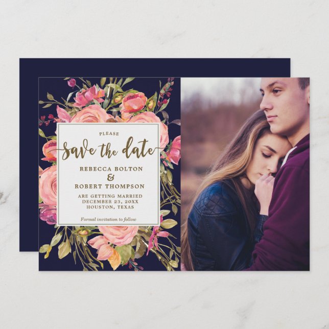 pink roses boho navy save the date photo card (Front/Back)