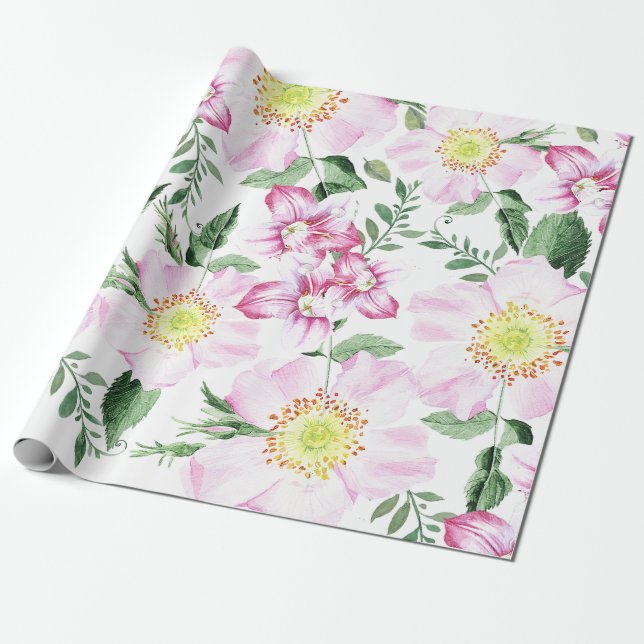 Pink Roses Boho Watercolor Floral Pattern Wrapping Paper (Unrolled)