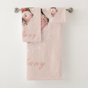 Pink Roses Bouquet Elegant Vintage Name Monogram Bath Towel Set