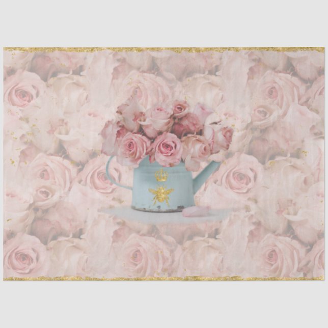 Pink Roses Bouquet Gold Bee Crown Blue Decoupage Tissue Paper (Front)
