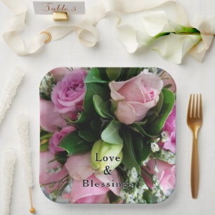 Pink Roses Bouquet Love and Blessings Paper Plate
