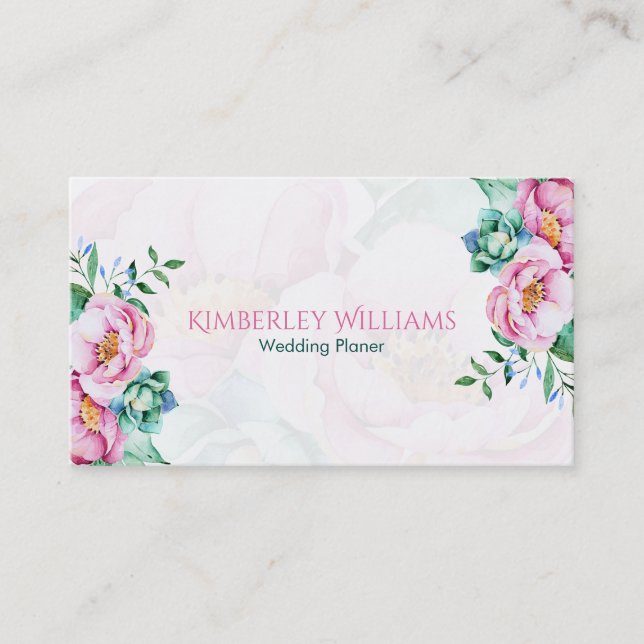 Pink Roses Bouquet On White Background Business Card (Front)