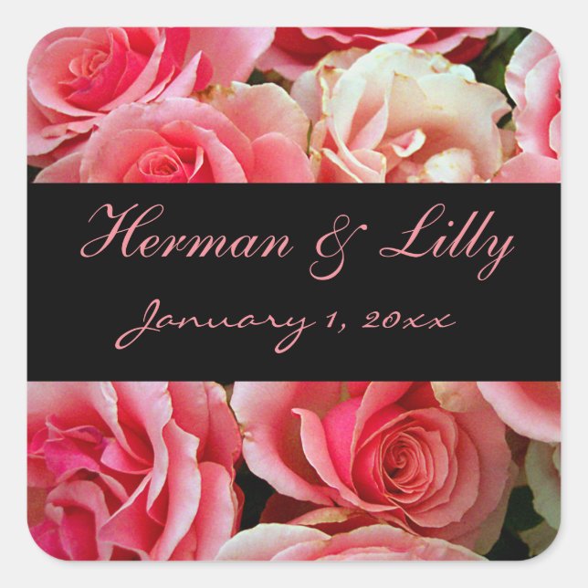 Pink Roses Bouquet Personalized Wedding Square Sticker (Front)