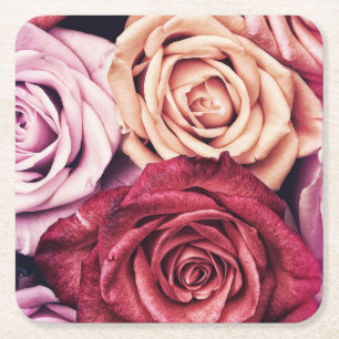 Pink Roses Bouquet Photo Square Paper Coaster