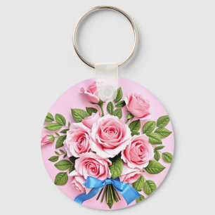 Pink Roses Bouquet Ribbon Illustration Keychain