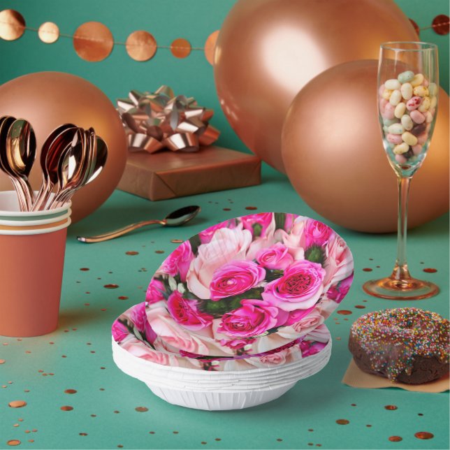 Pink Roses Bowl, 7" Paper Bowl Wedding Paper Plate (Multi)